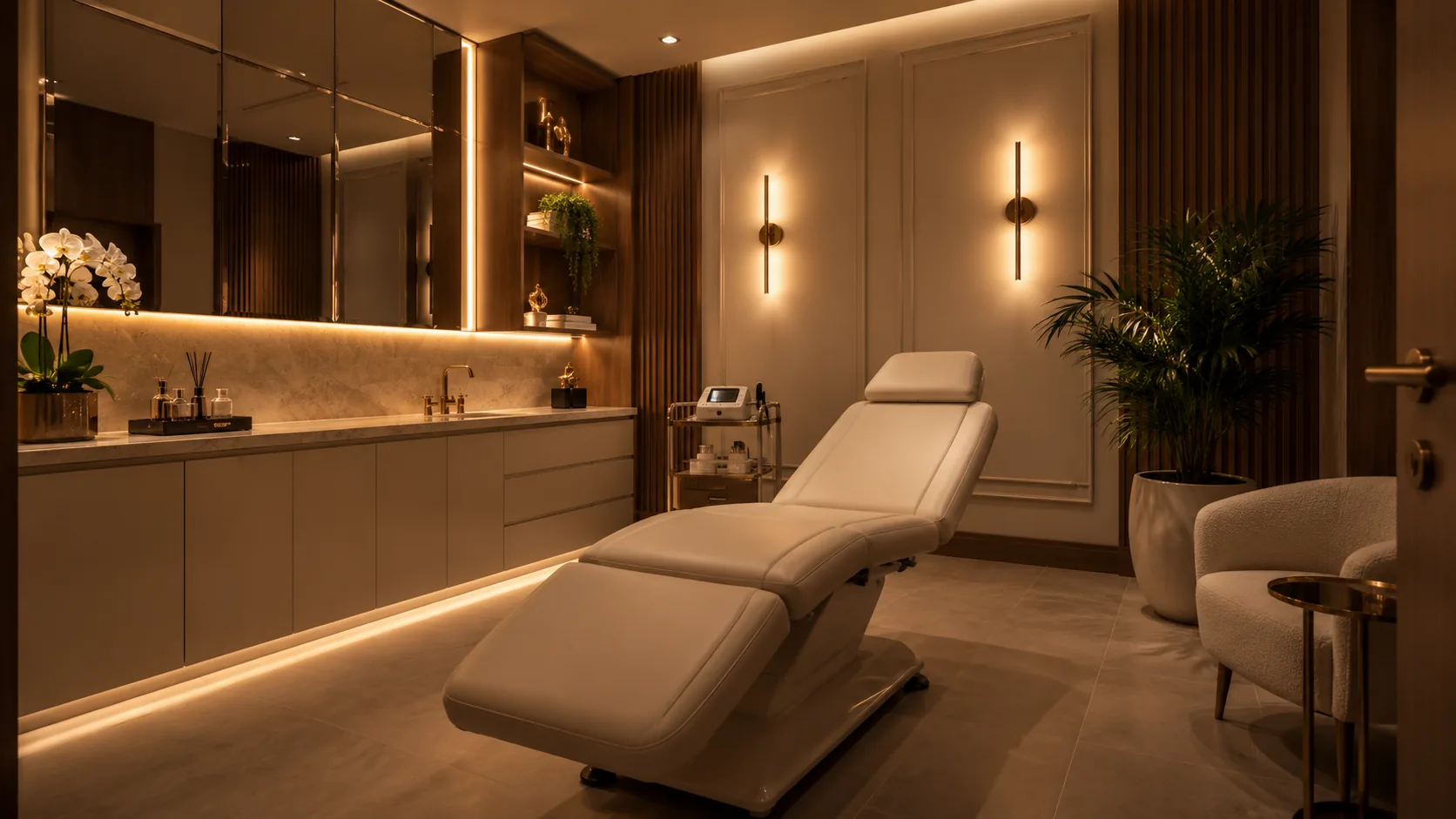 Sala de procedimentos da clínica, com maca, iluminação suave e detalhes em rosé